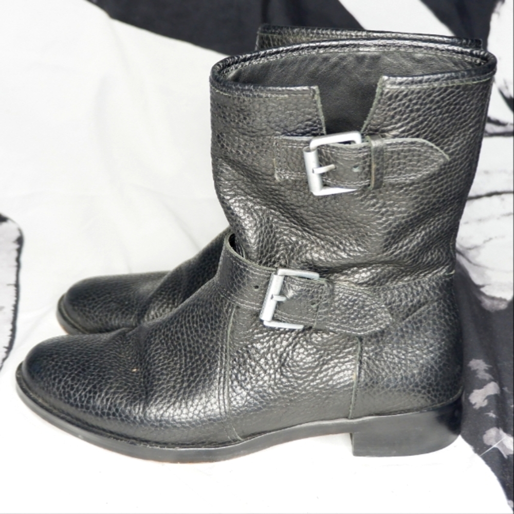 5.5) J.CREW Pebbled Leather Mid Calf Moto Riding Boots
